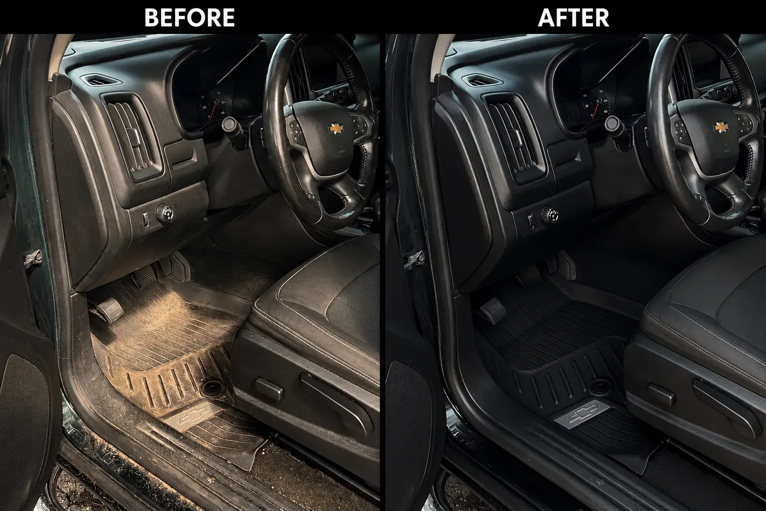 Driver Floor Before & After Car floor mat before and after mobile interior detailing in Inverness, Florida